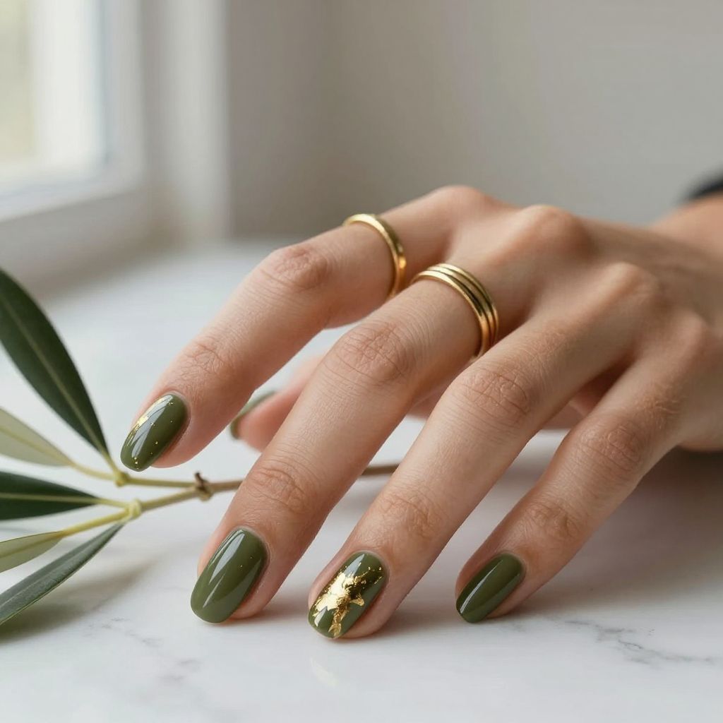 Gold and Olive Leaf Nails