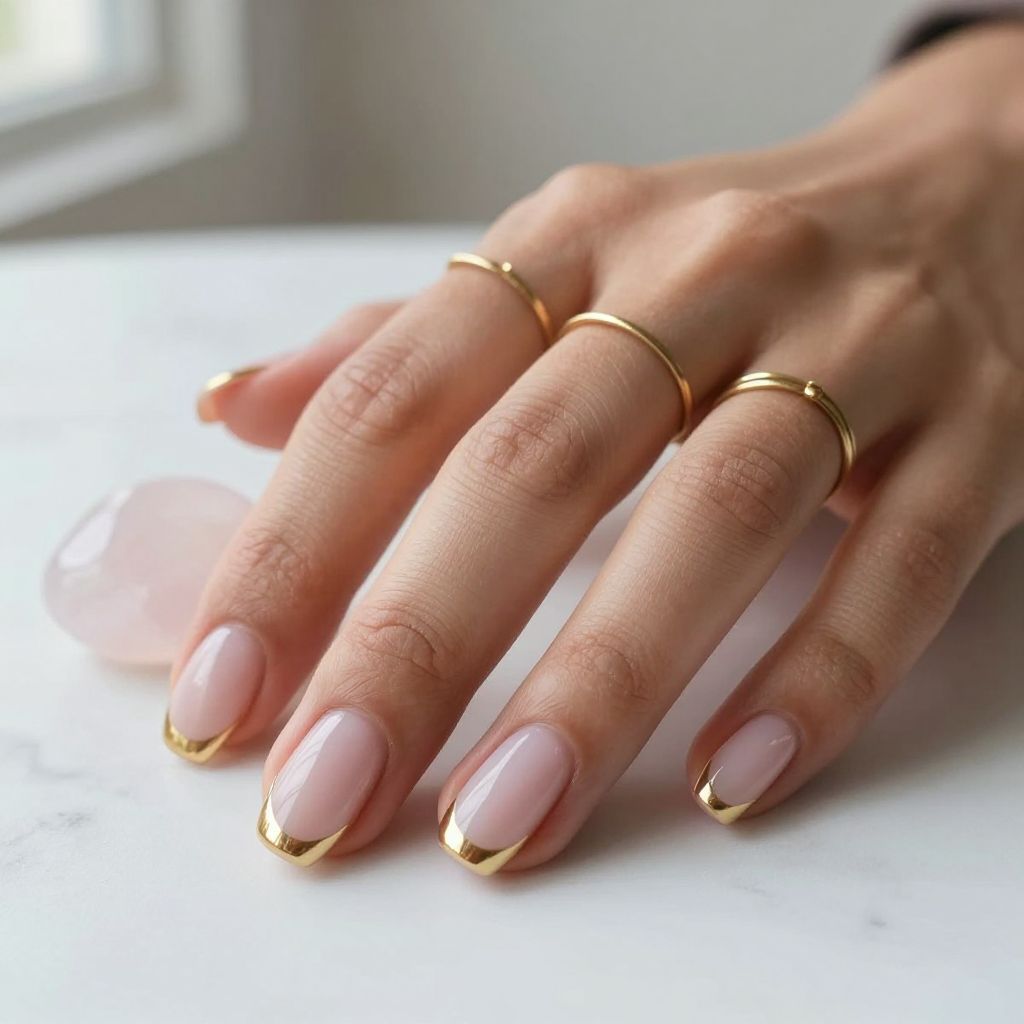 Gold French Tips on Milky Square Nails