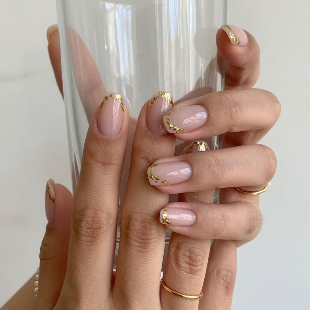 Nude Nails With Gold Leaf Accents