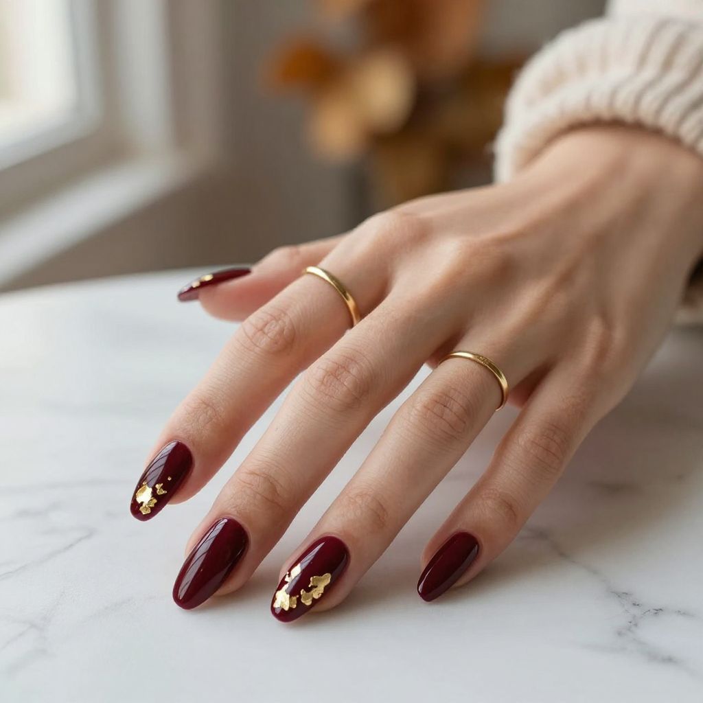 Deep Burgundy Nails With Gold Foil