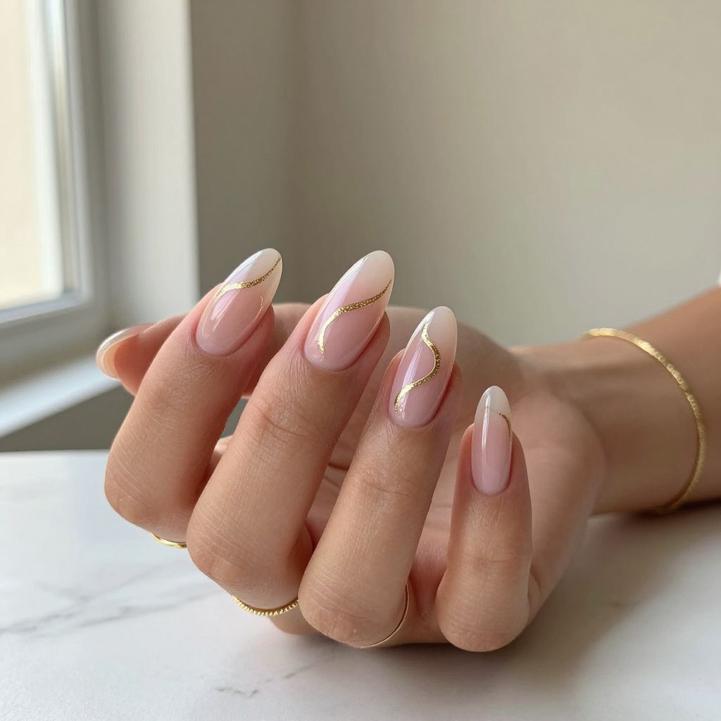 Clear Nails With Gold Glitter Waves