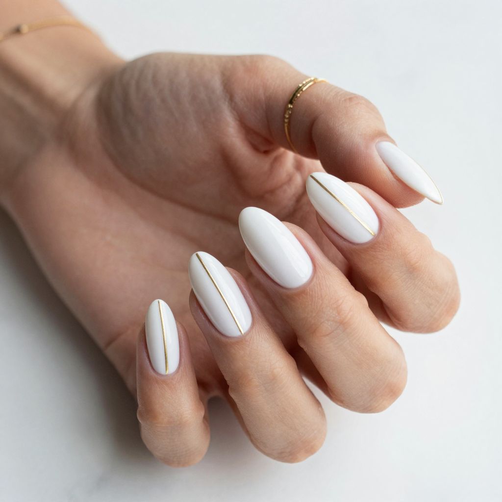 White Nails With Thin Gold Lines