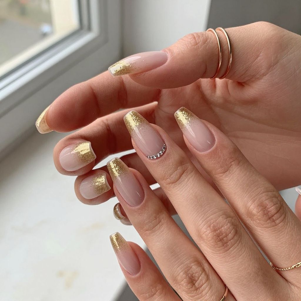 Gold Glitter Gradient Coffin Nails