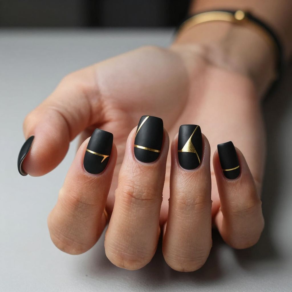 Matte Black and Gold Geometric Nails