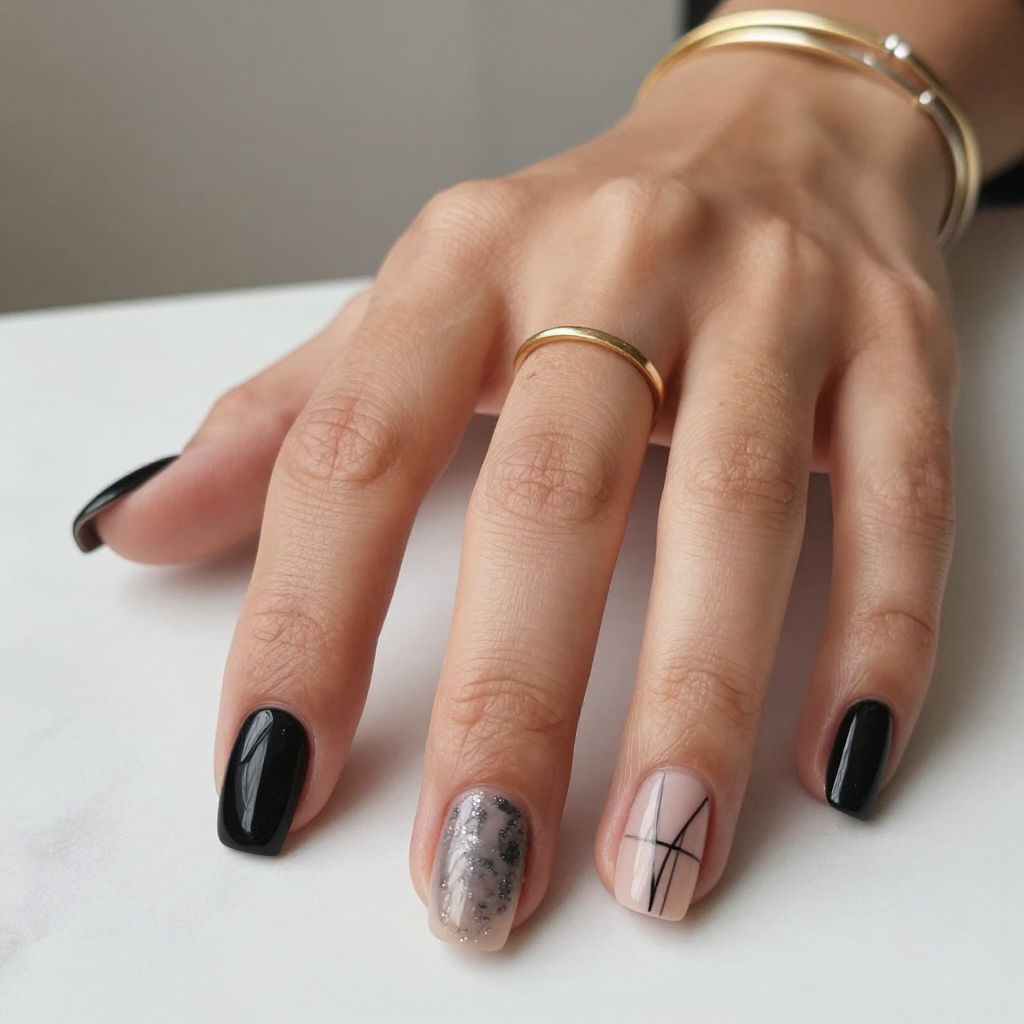 Black Nails With a Single Nude Negative Space Accent