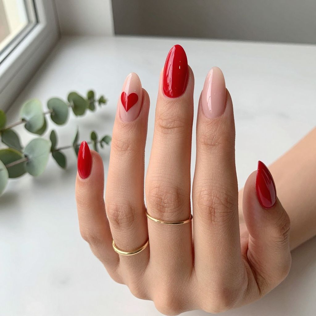 Red Nails With a Heart Accent