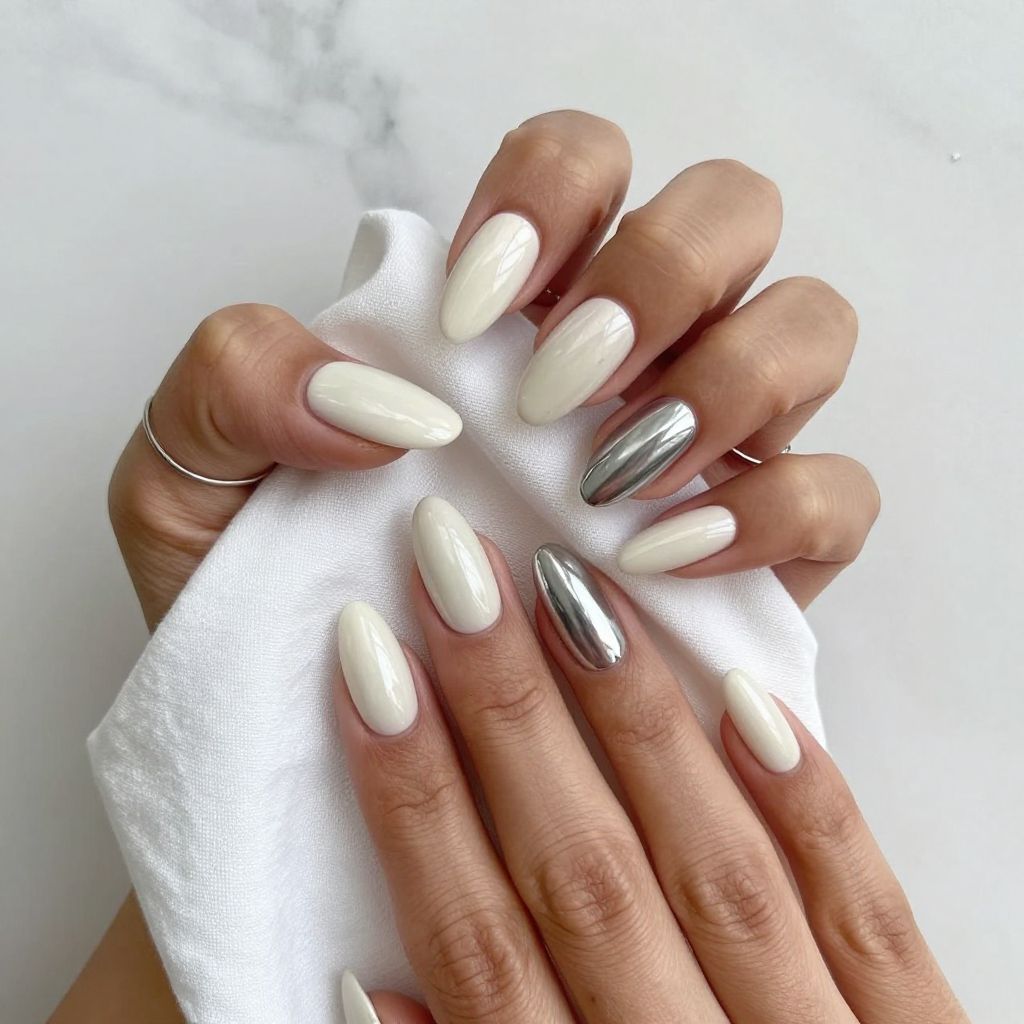 Milky White Nails With a Chrome Accent