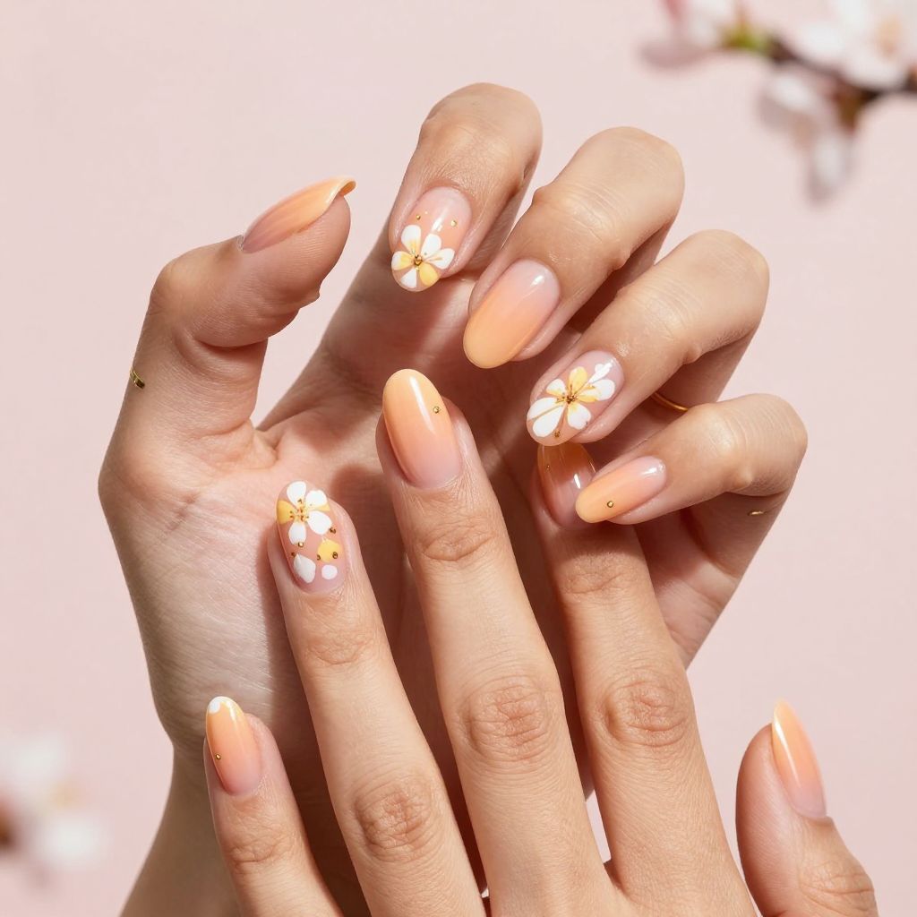 Peach Almond Nails with Tiny Florals