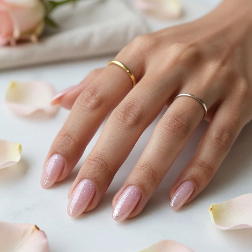 Sheer Pink Almond Nails with Micro Glitter