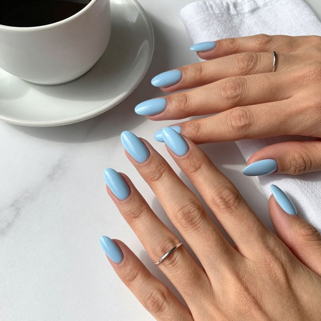Glossy Baby Blue Almond Nails