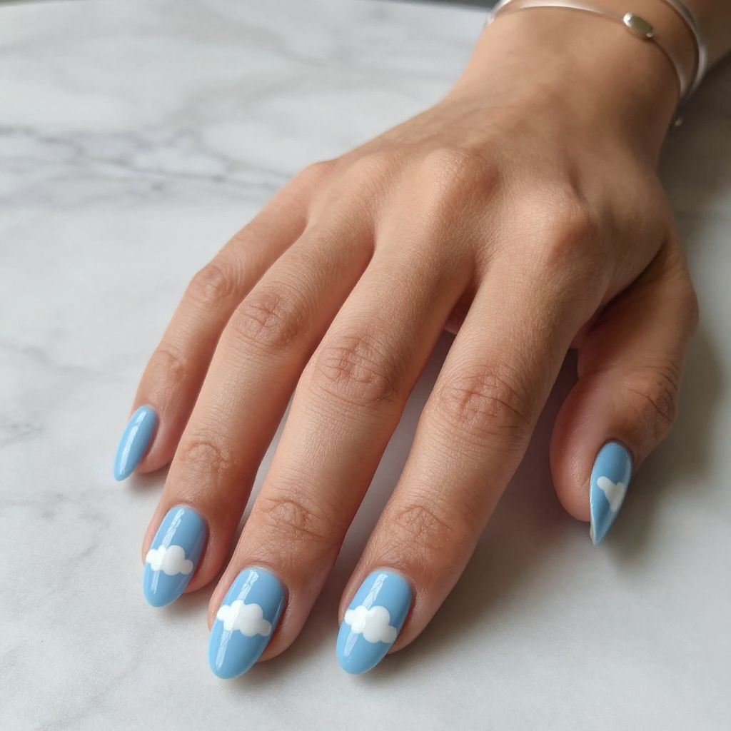 Baby Blue and White Cloud Nails