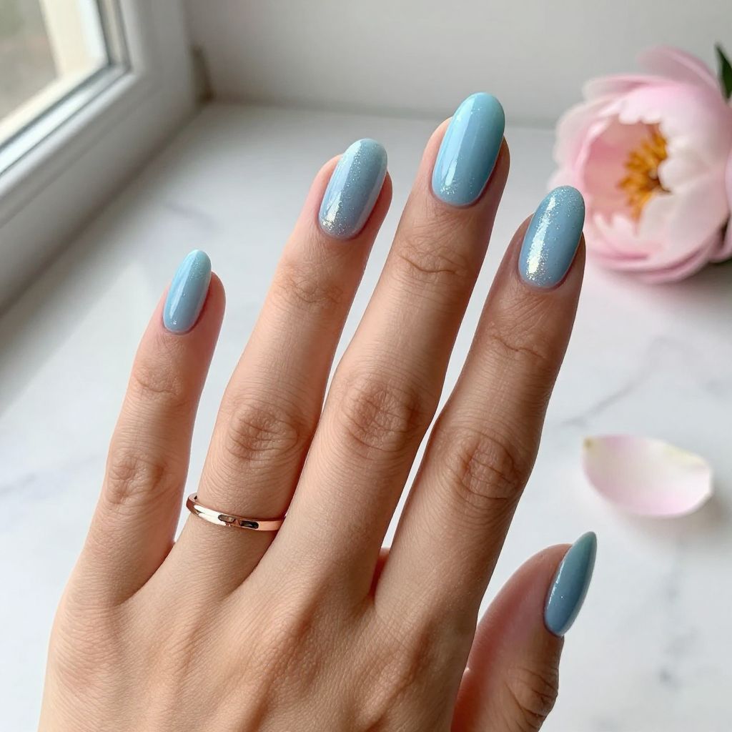 Pastel Blue Nails With Glitter Cuticles
