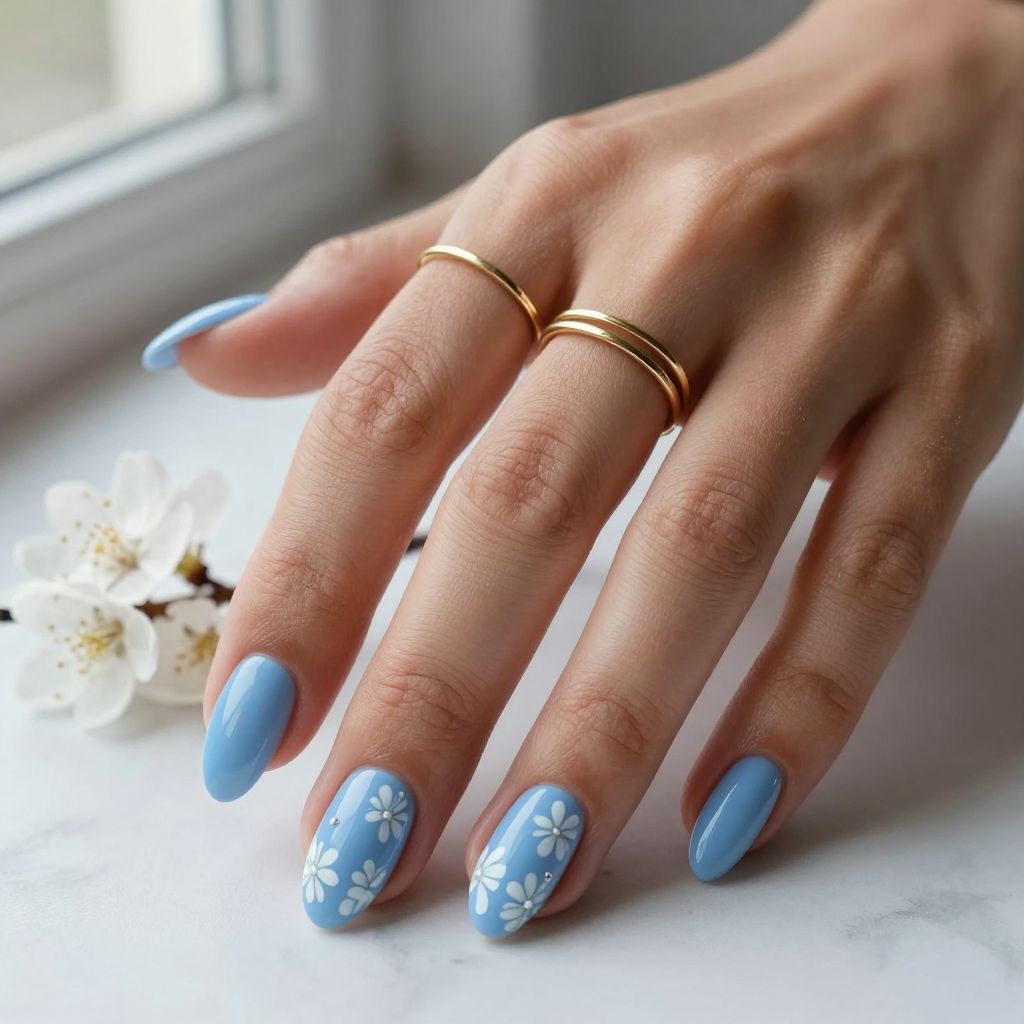Light Blue Acrylic Nails With White Florals
