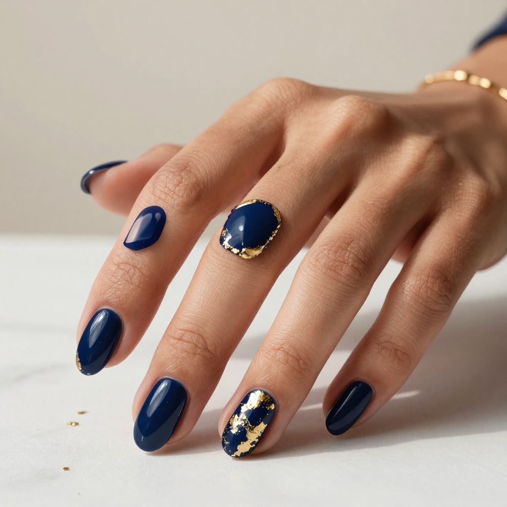 Navy Blue Almond Nails With Gold Foil