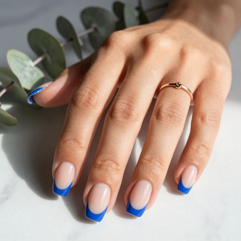 Blue French Tips On Nude Acrylics