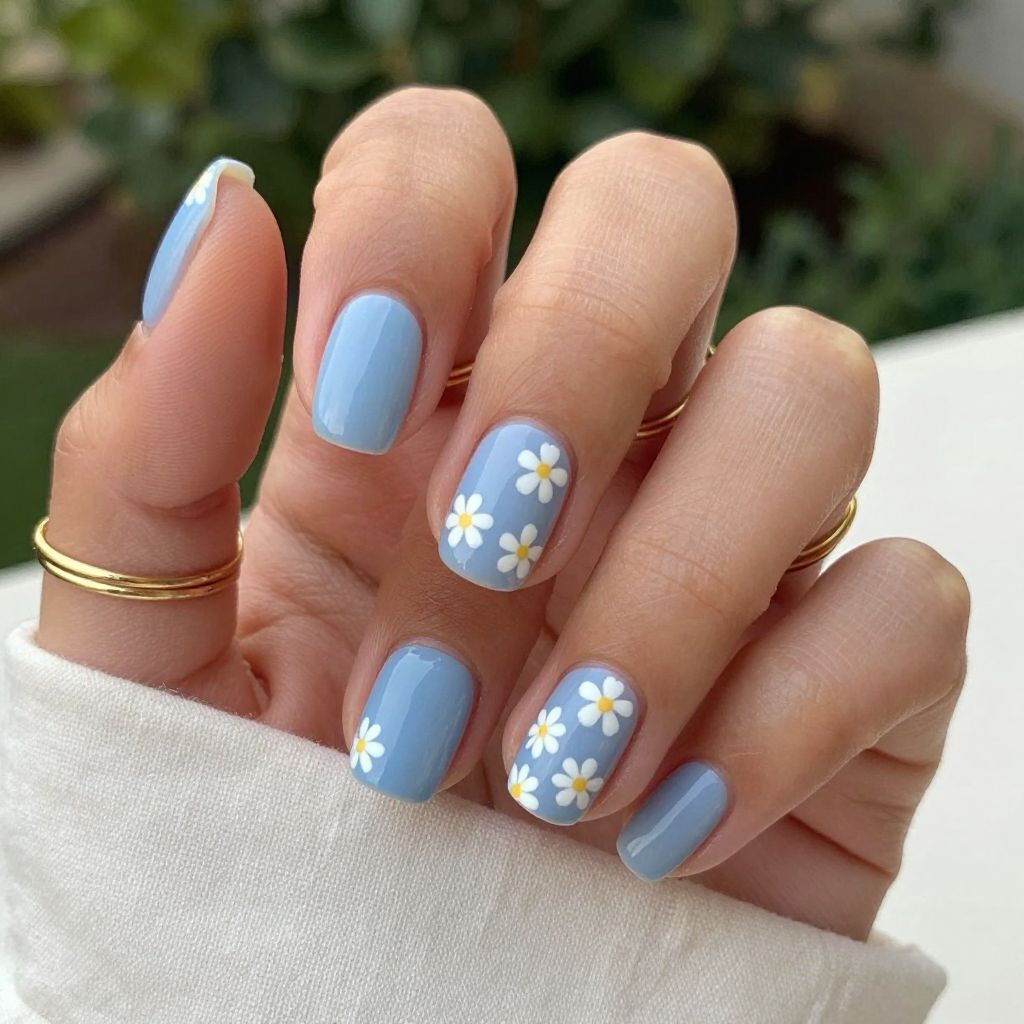 Cute Nail Ideas For Summer - Blue Sky Micro Florals