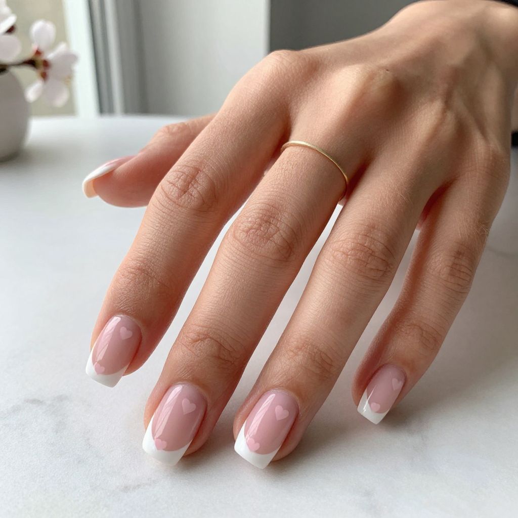 Pale Pink French With Micro Hearts