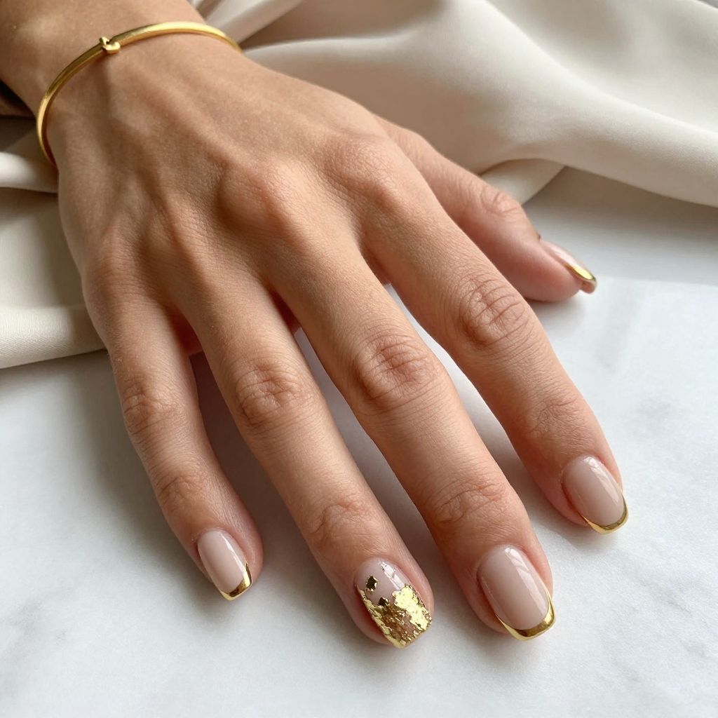 Gold-Tipped Nude Square Nails