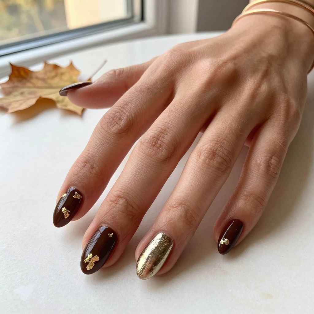 Gold Foil on Chocolate Brown Nails