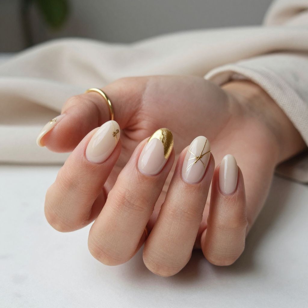 Gold Accent Nails with Neutral Polish