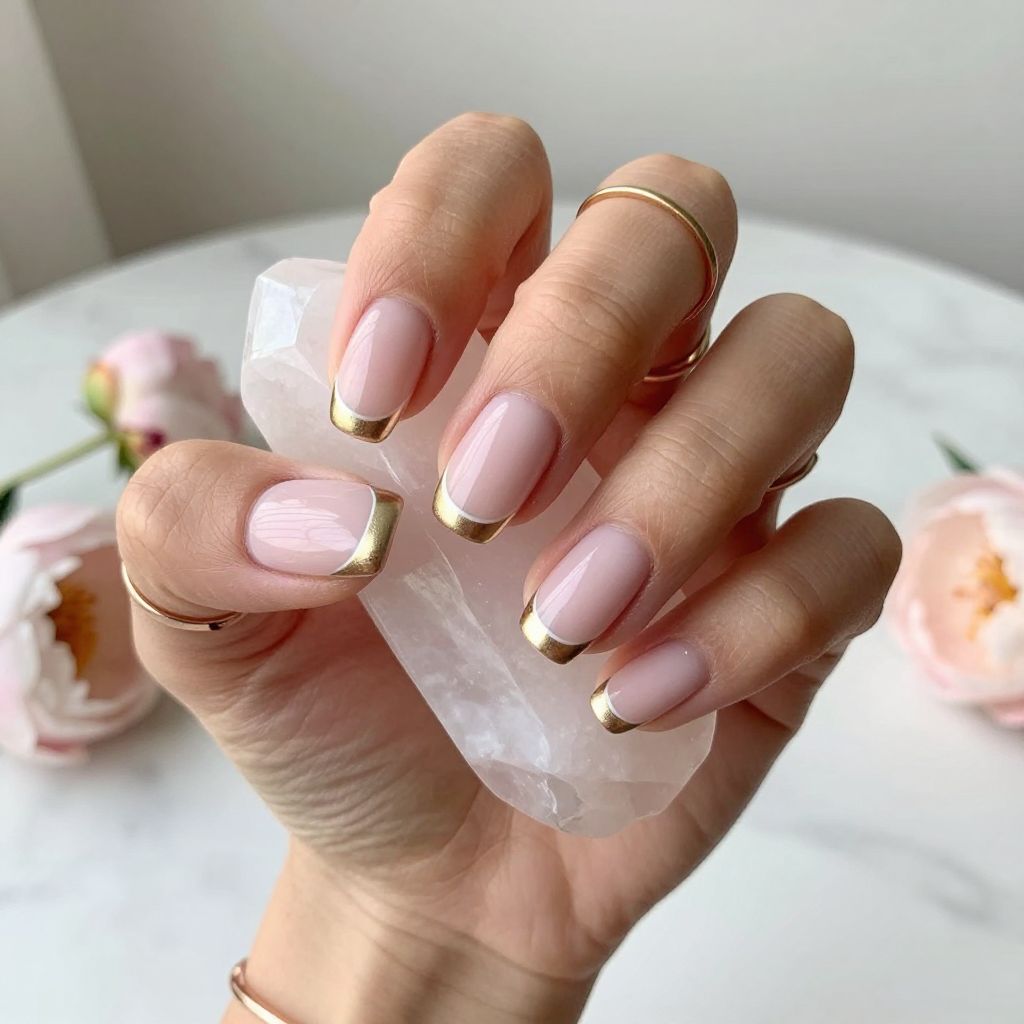 Gold French Tips on Sheer Pink