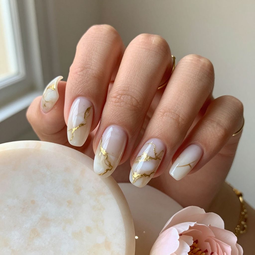 White and Gold Marble Nails