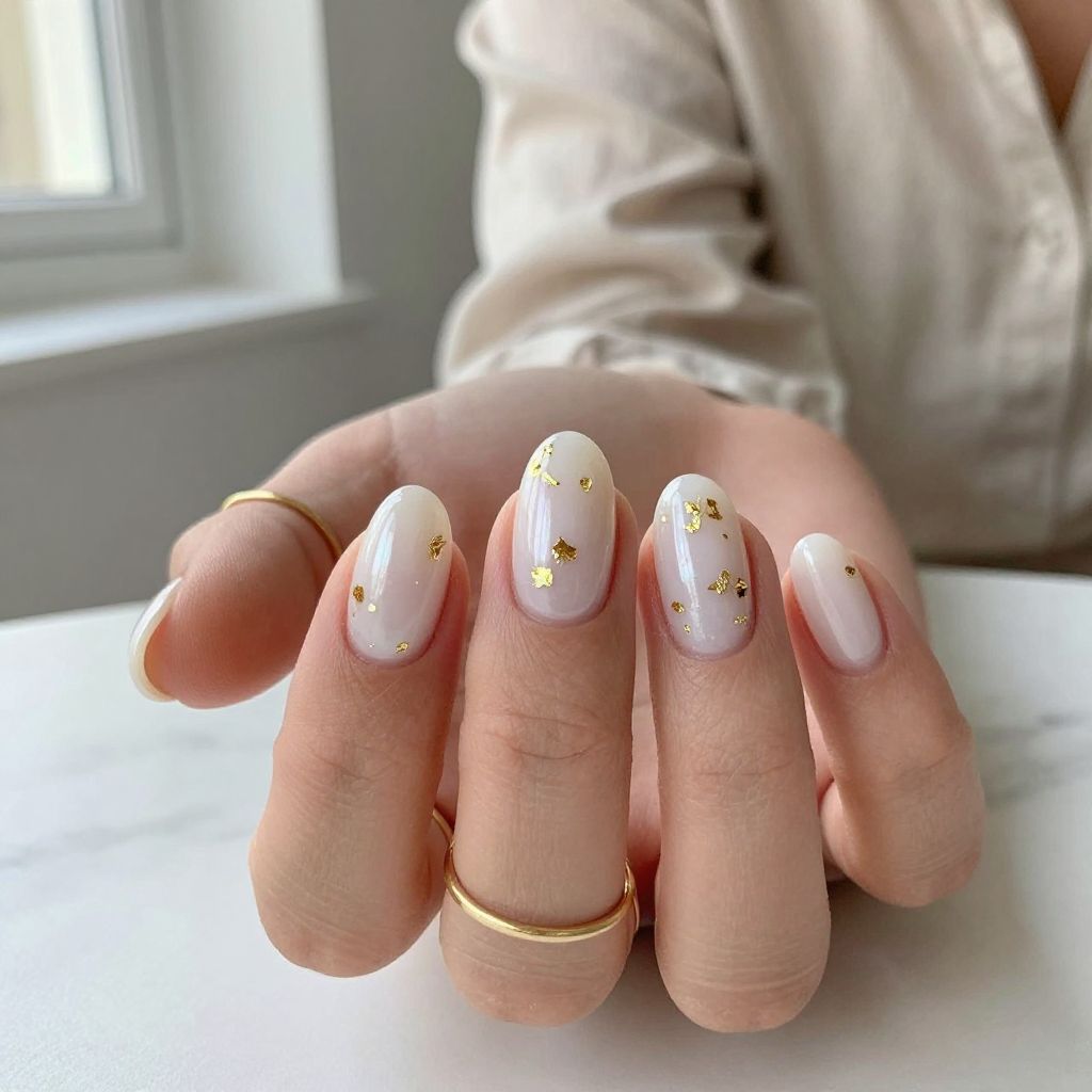 Gold Leaf on Milky White Nails