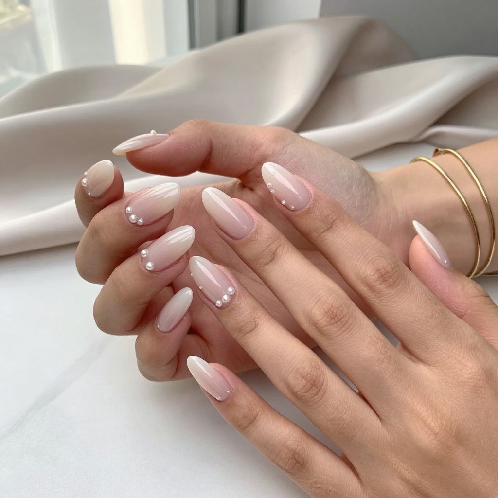 Elegant Nude Nails with Tiny Pearls