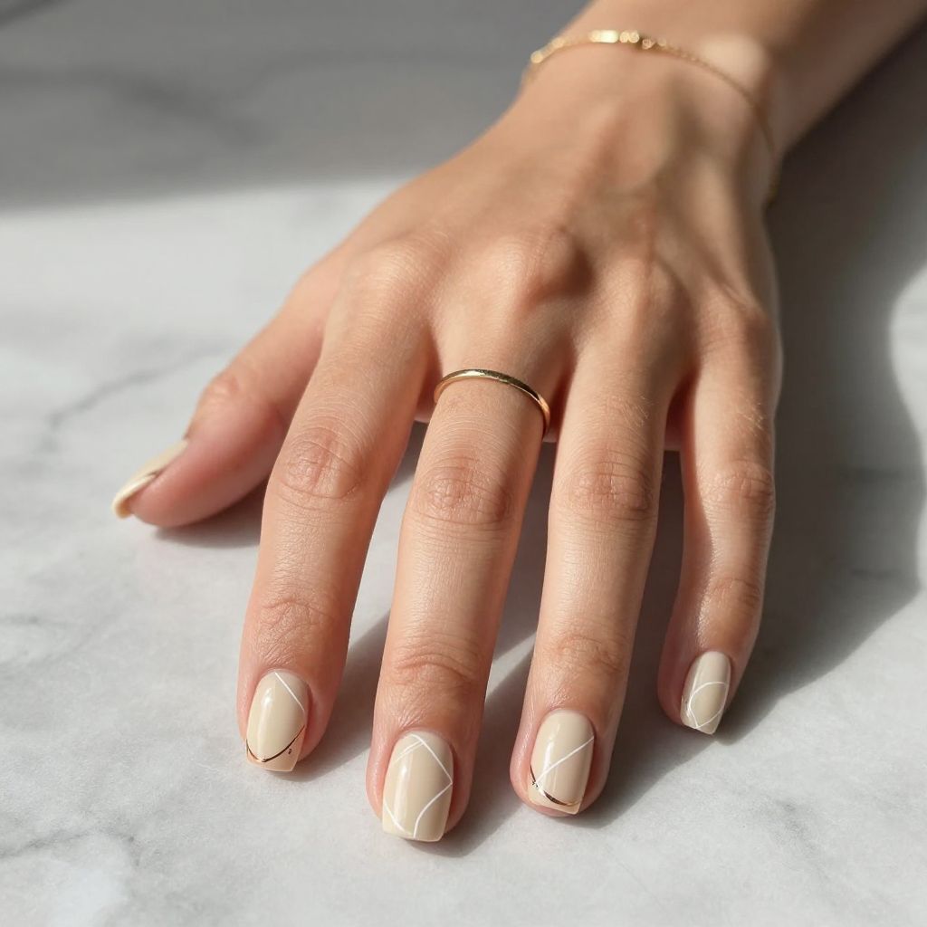 Clean Beige Nails with White Line Art