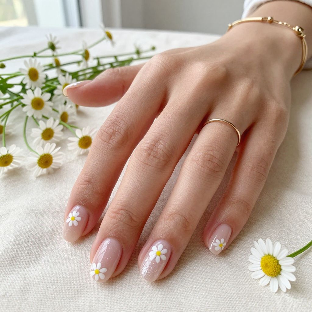 White Daisy Detail Nails