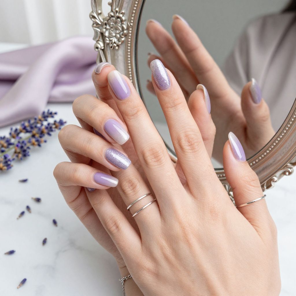 Lavender and Silver Glitter Nails
