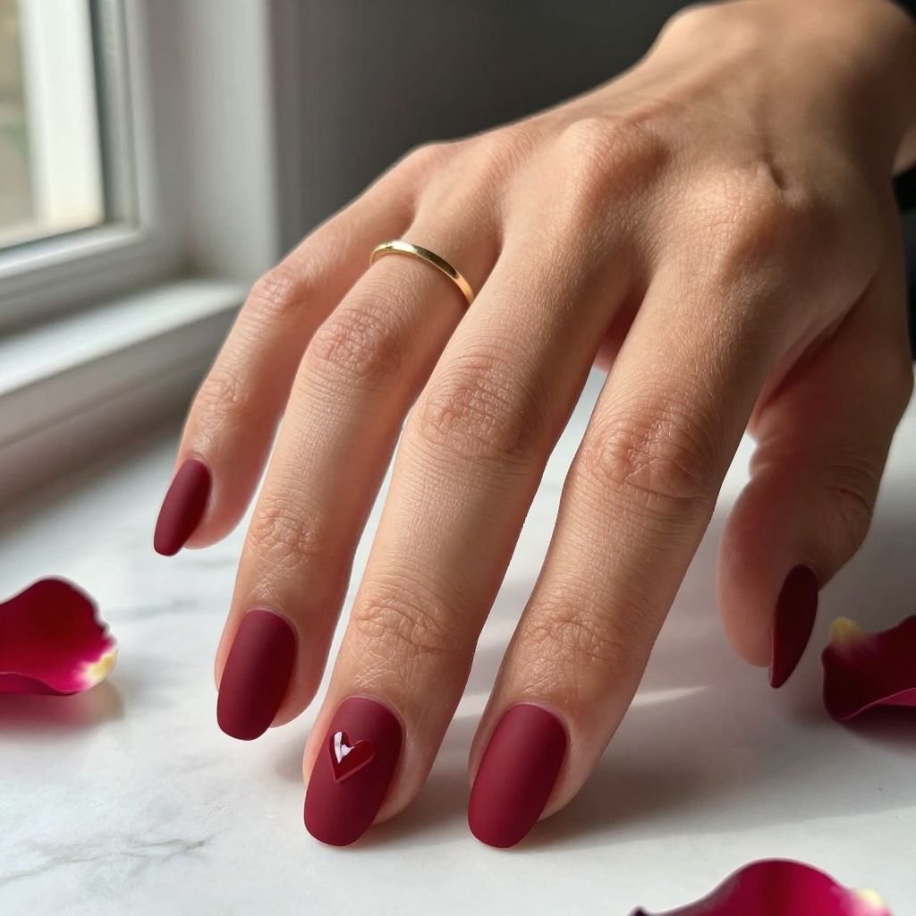 Matte Red Short Almond Nails