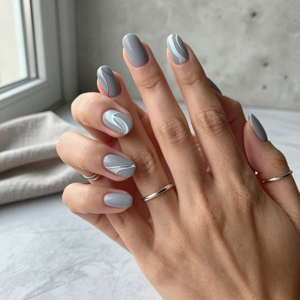 Matte Grey Nails with Abstract Swirls
