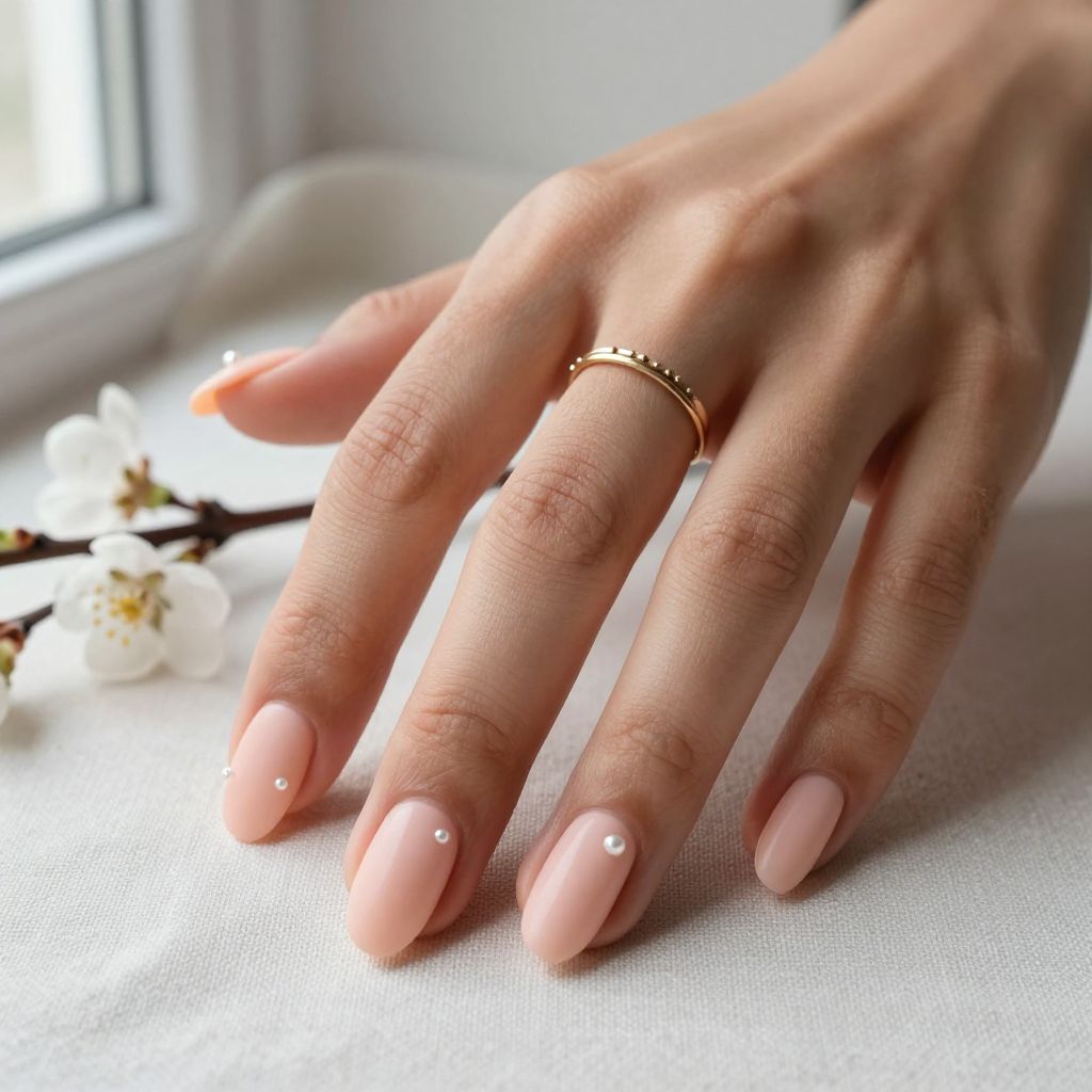 Matte Peach Nails with Pearl Accents