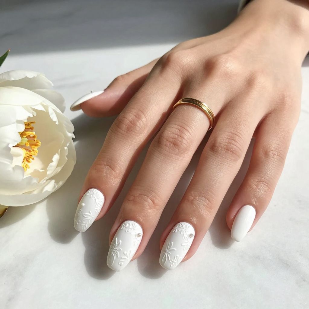 Matte White Nails with Textured Detail