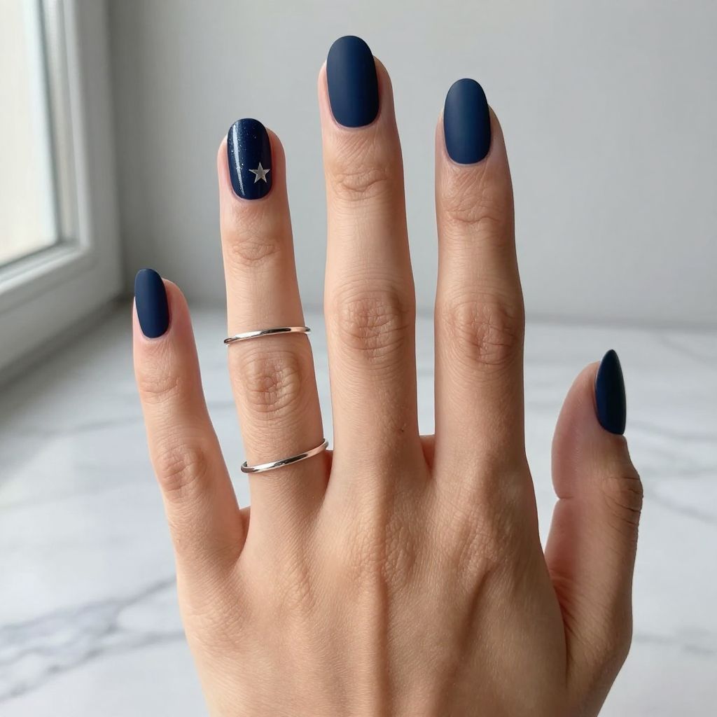 Matte Navy Blue Almond Nails