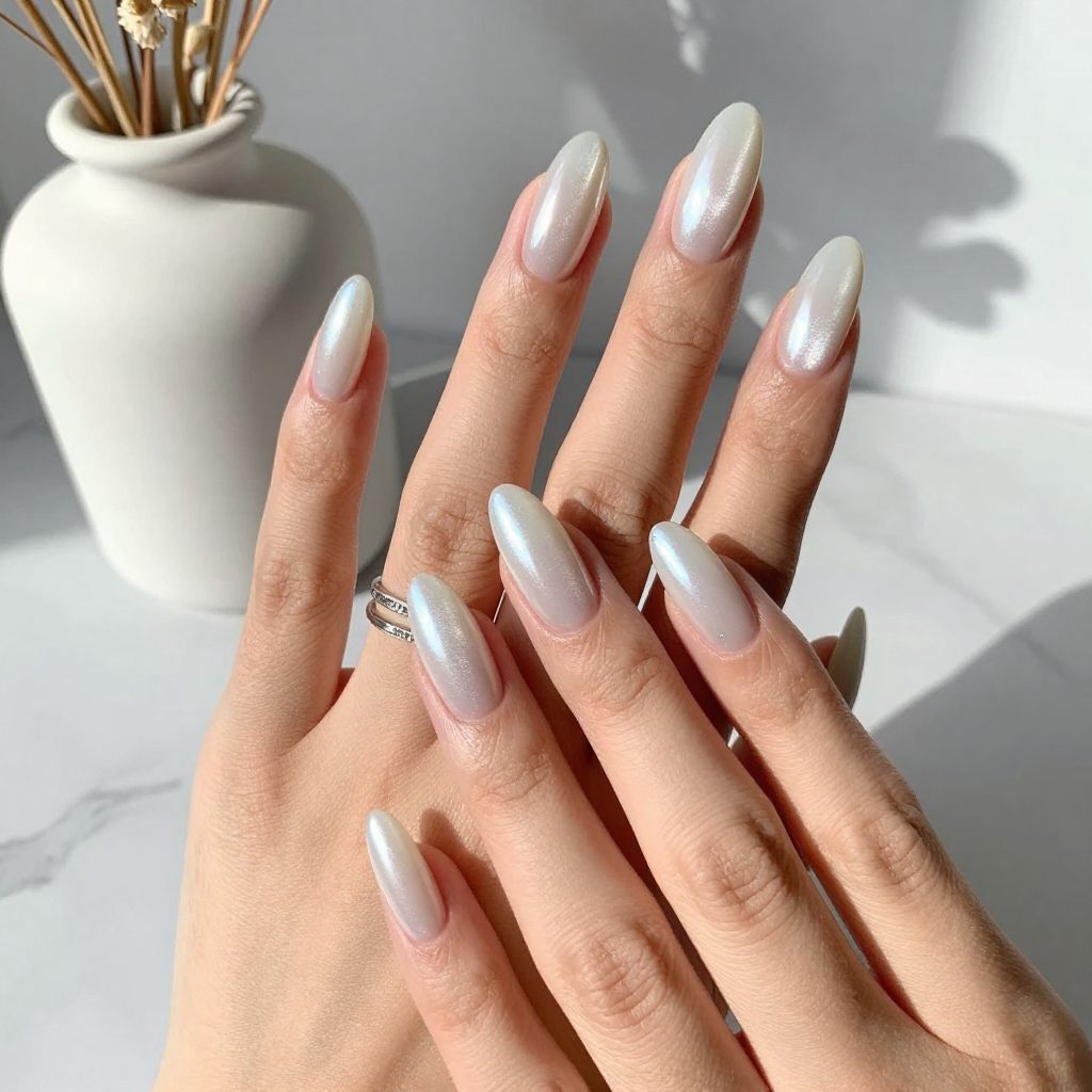White Chrome Almond Nails