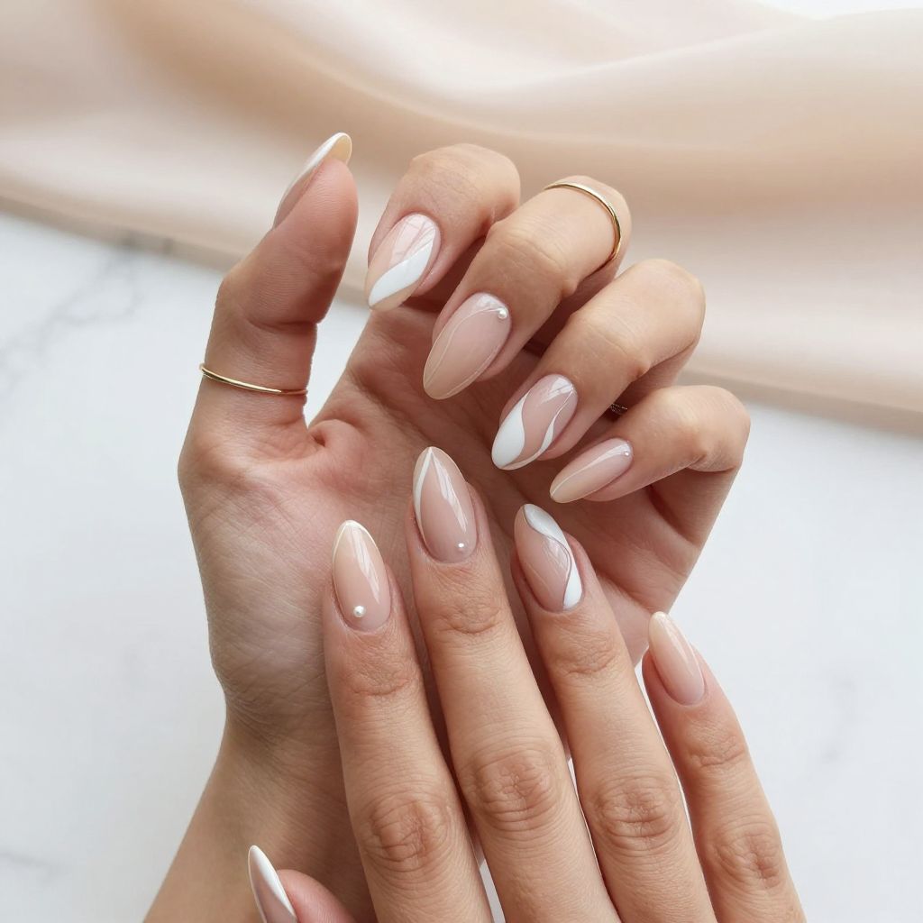 Blush and White Abstract Almond Nails
