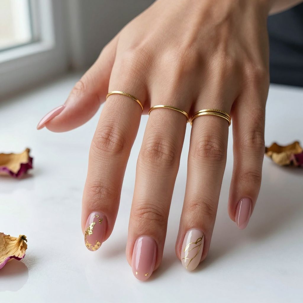 Rose Pink Coffin Nails with Gold Foil