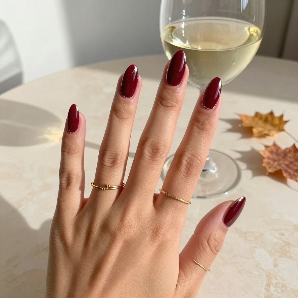 Burgundy Nails with Gold Trim
