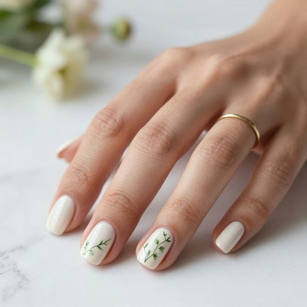 Cream Nails with Green Ivy Art