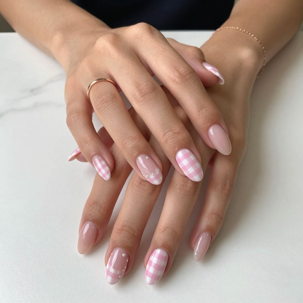 Soft Pink Nails with Gingham Accents