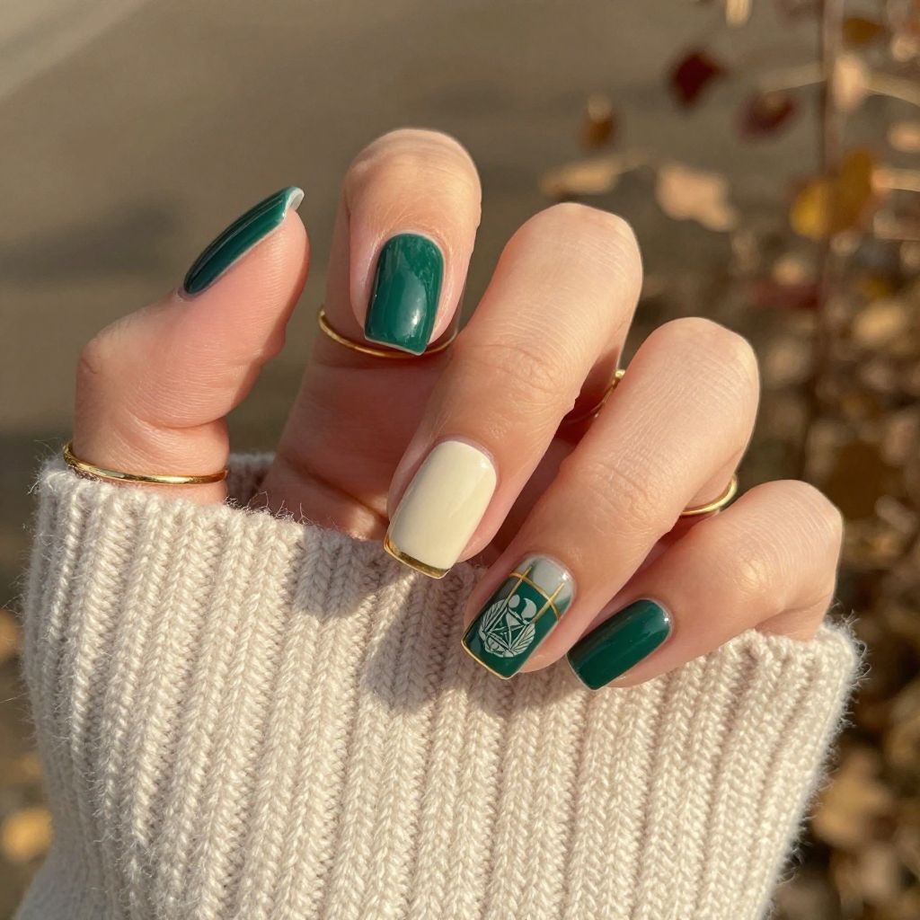 Emerald and Cream Collegiate Nails