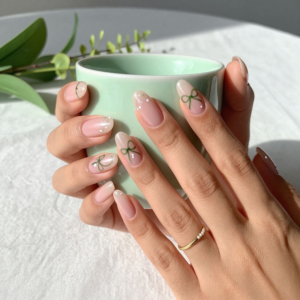 Pink and Green Ribbon Nails