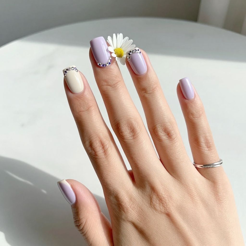 Lavender Short Square Nails With Mixed Crystal Sizes