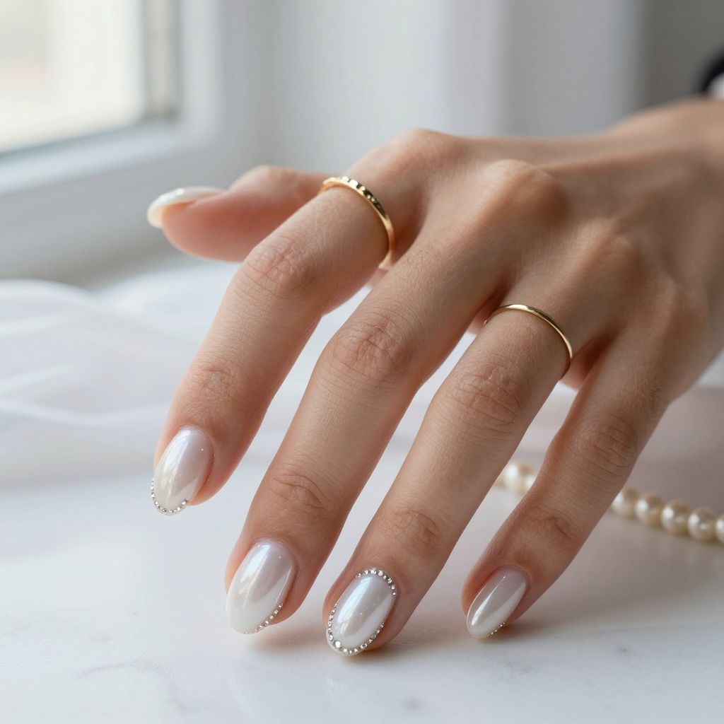 White Pearl Nails With Delicate Rhinestone Frames