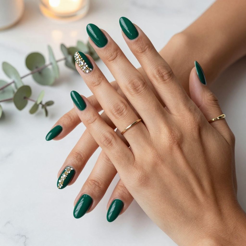 Emerald Green Nails With Golden Crystal Mix