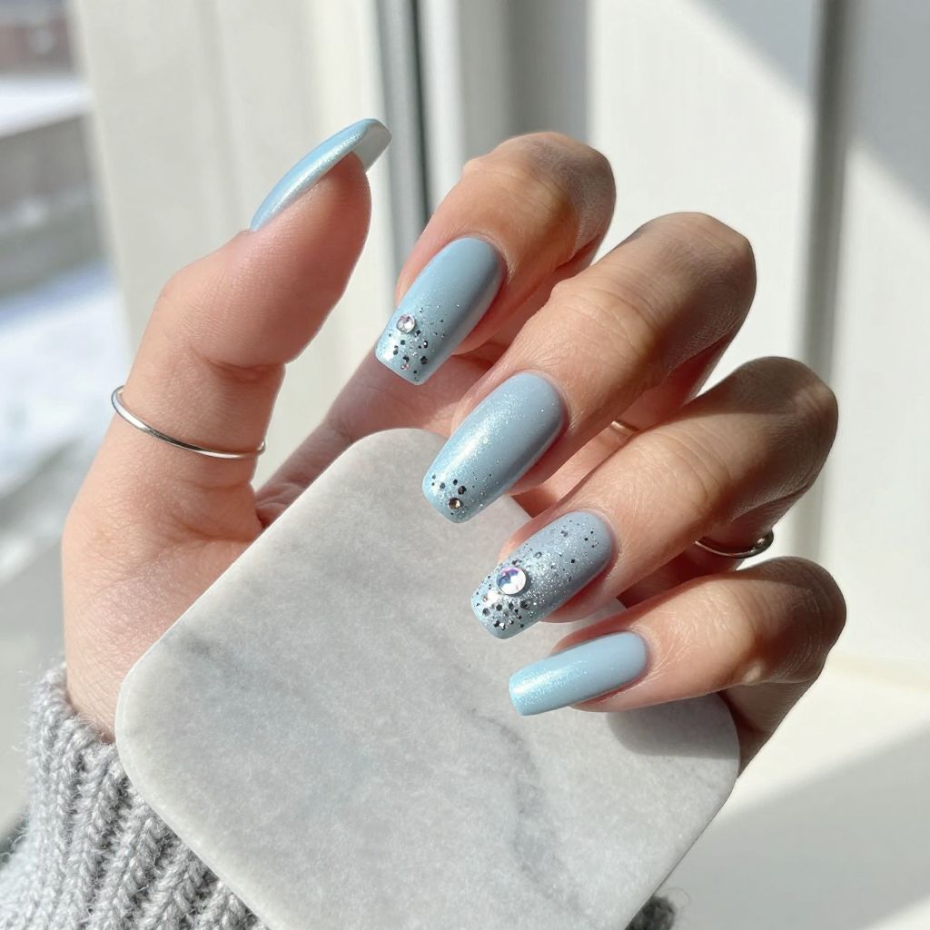 Pale Blue Coffin Nails With Crystal Snowfall Detail