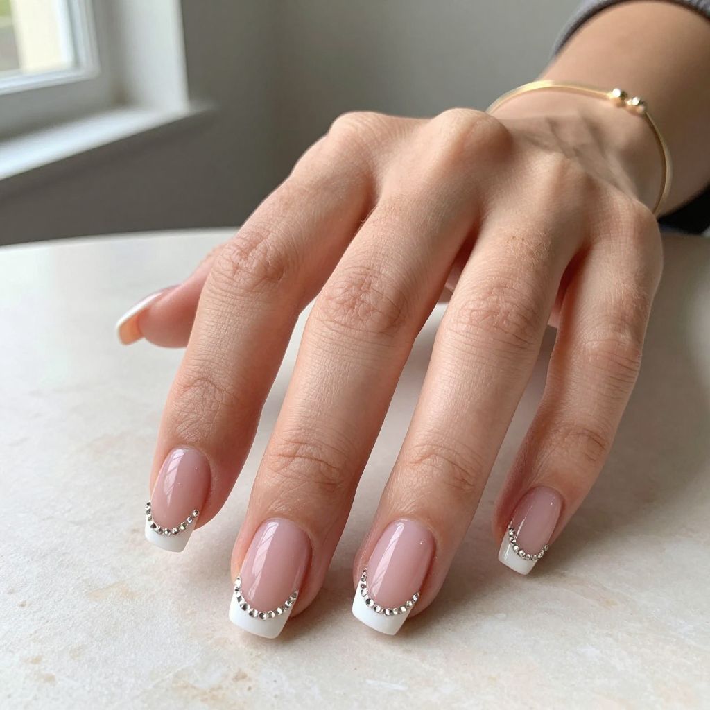 Classic French Tips With Crystal Edging