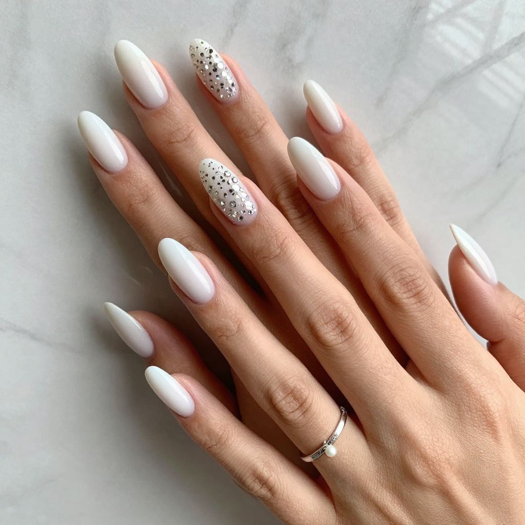 Milky White Coffin Nails With Scattered Sparkle